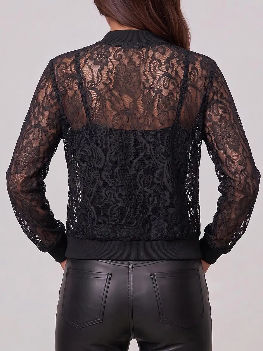 Women S Solid Color Stand Collar Long-sleeved Casual Loose Lace Jacket