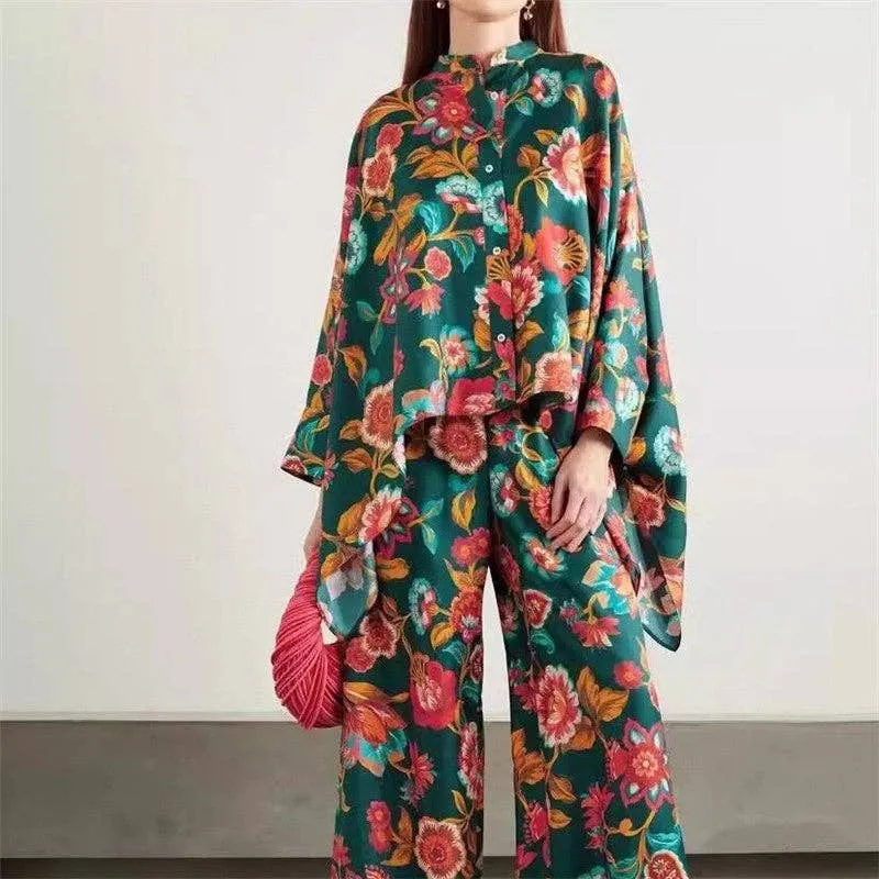 Printed Raglan Sleeve Top & Pants Set Two-piece Coord