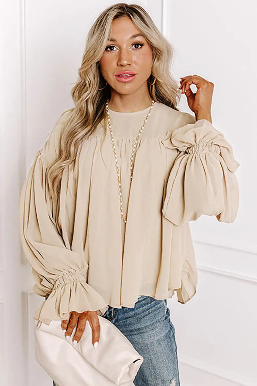 Chiffon Ruffle Trim Long Sleeve Blouse