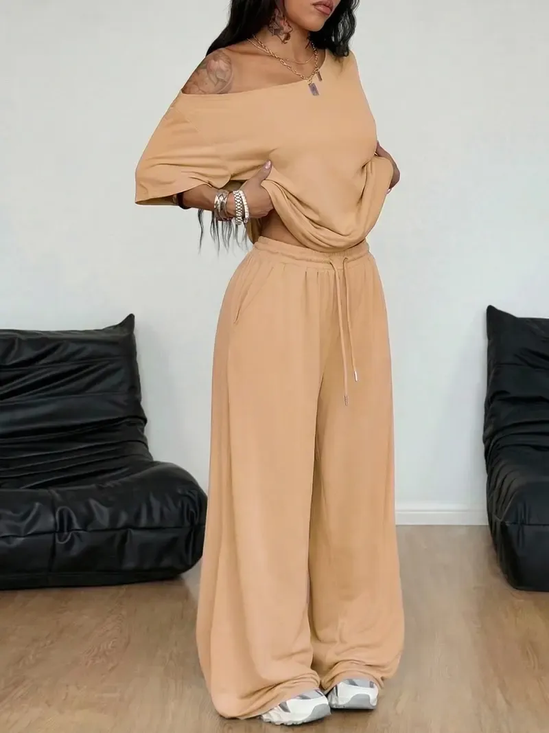 🔥Hot Sale💥Women's Off-Shoulder T-Shirt And Wide-Leg Pants Two-Piece Set🔥8-SETS- All Colors Included