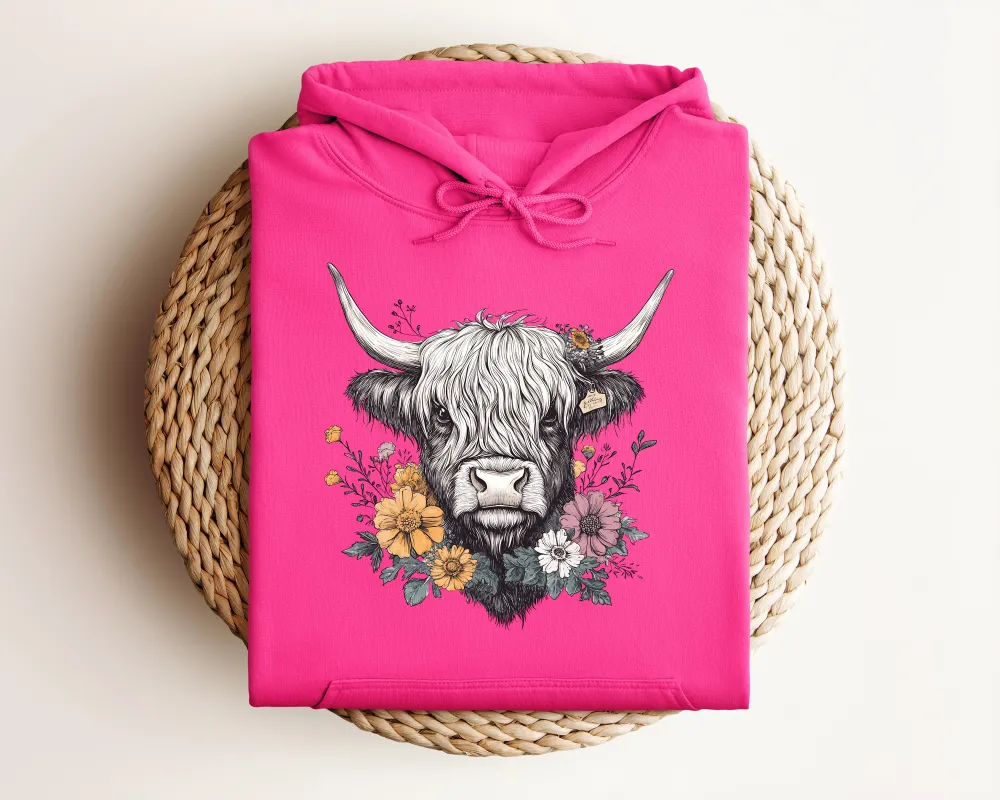 Highland Cow Floral Graphic Pullover Hoodie