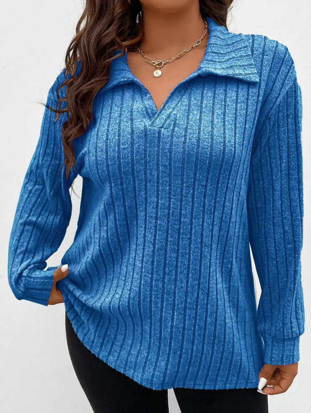 Plus Size Ribbed V-Neck Long Sleeve Tee