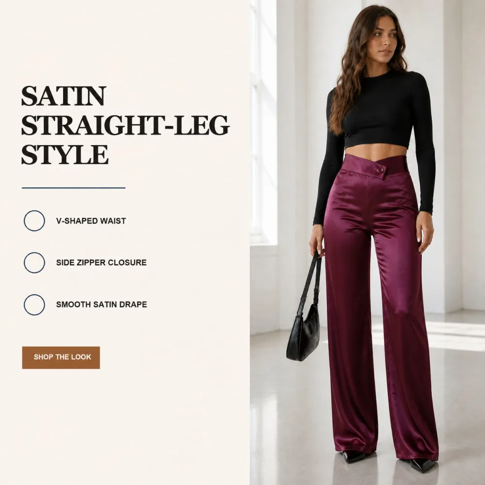 Women's Satin Smooth Straight Leg Pants With Irregular V Waistline