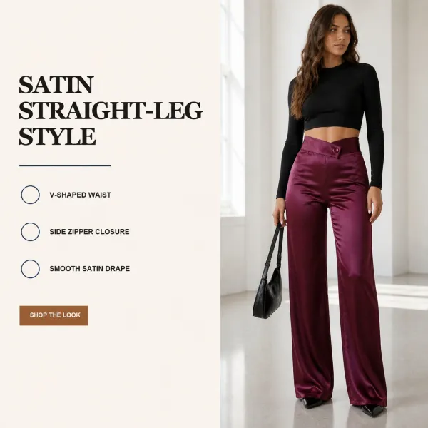 Women's Satin Smooth Straight Leg Pants With Irregular V Waistline
