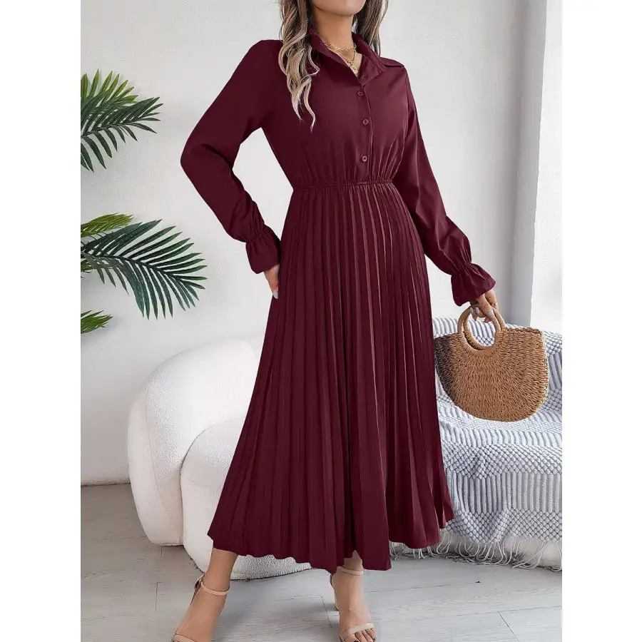 Pleated Half Button Long Sleeve Midi Dress