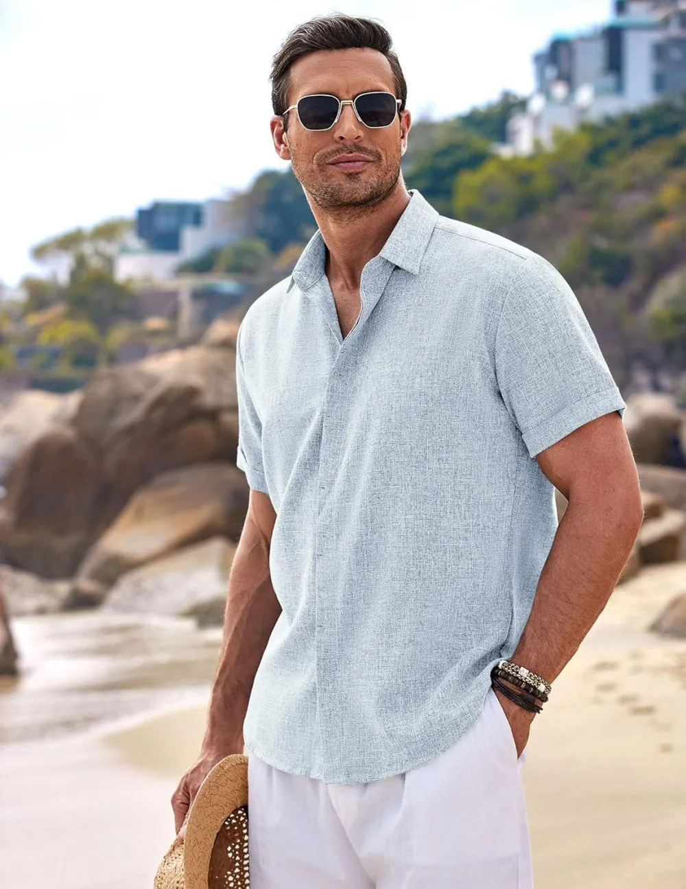 Men's Linen Shirts Short Sleeve Casual Shirts Button Down Shirt for Men Beach Summer Wedding Shirt