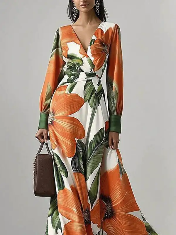 Flower Pleated Long Neck Maxi Dress
