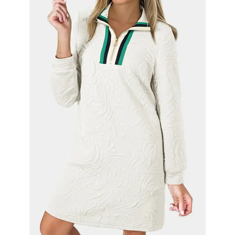 Jacquard Textured Quarter Zipper Shift Mini Dress