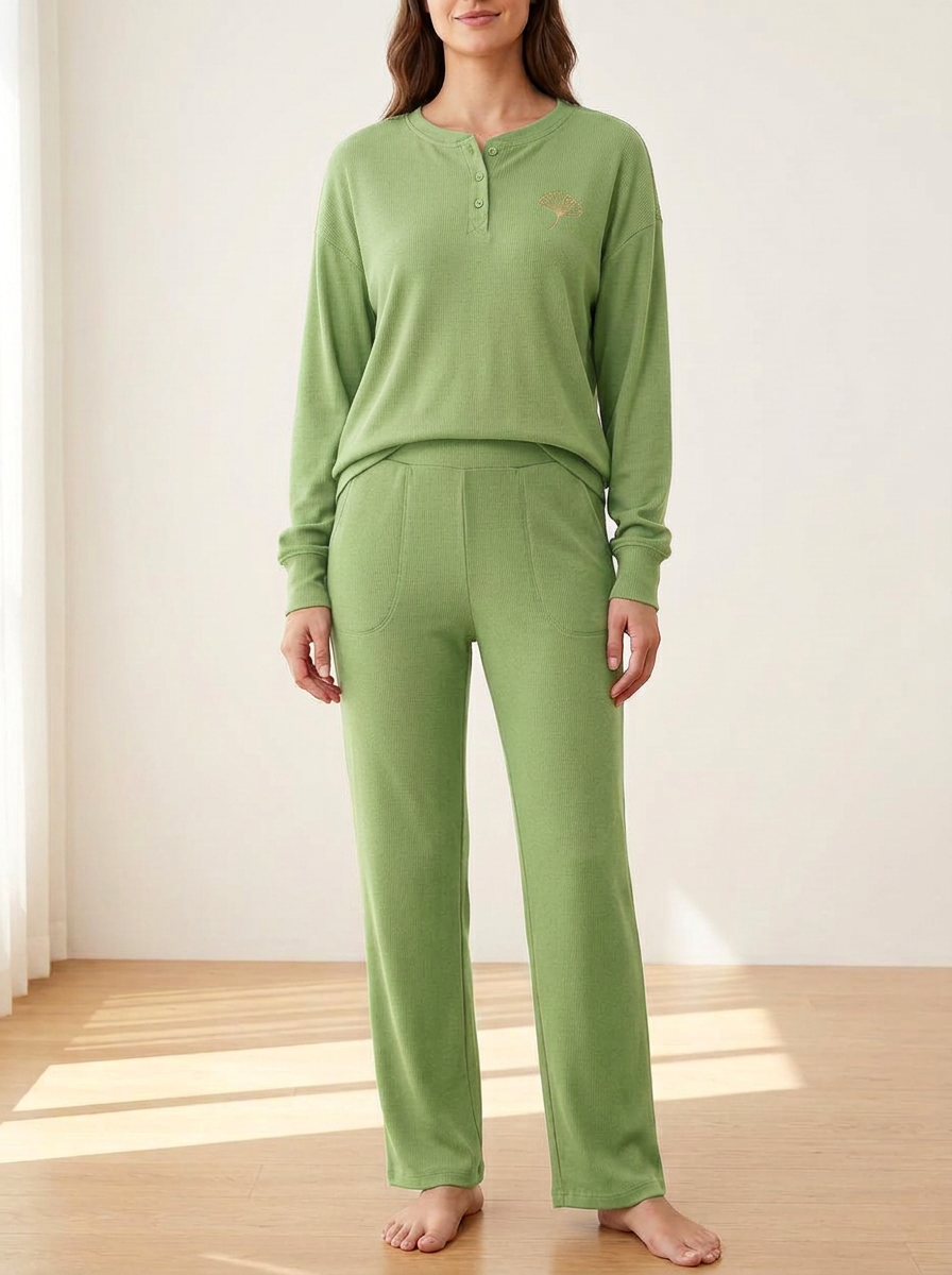 Women's Ginkgo-Embroidered Ribbed Henley Straight-Leg Lounge Set