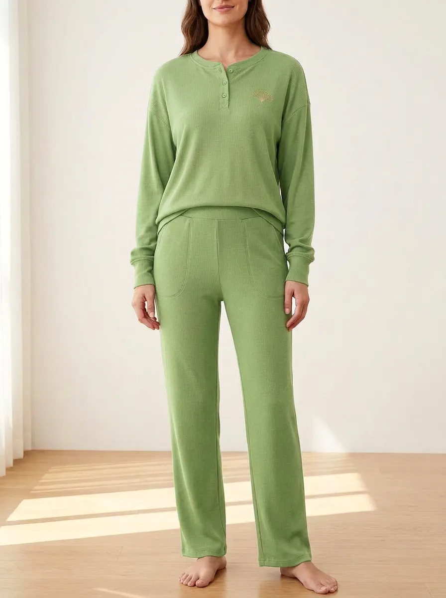 Women's Ginkgo-Embroidered Ribbed Henley Straight-Leg Lounge Set