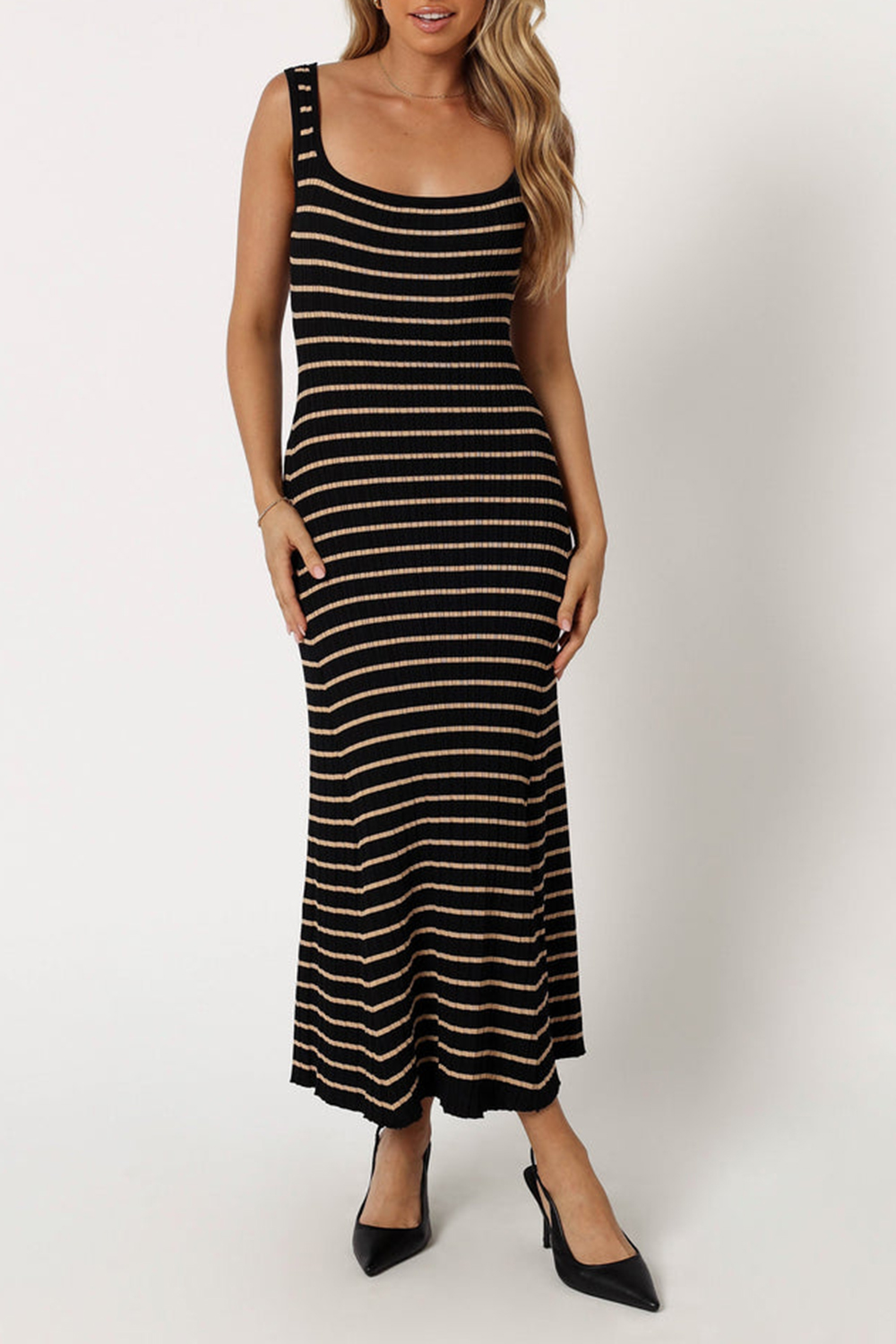 BLACK BEIGE STRIPED MIDI DRESS
