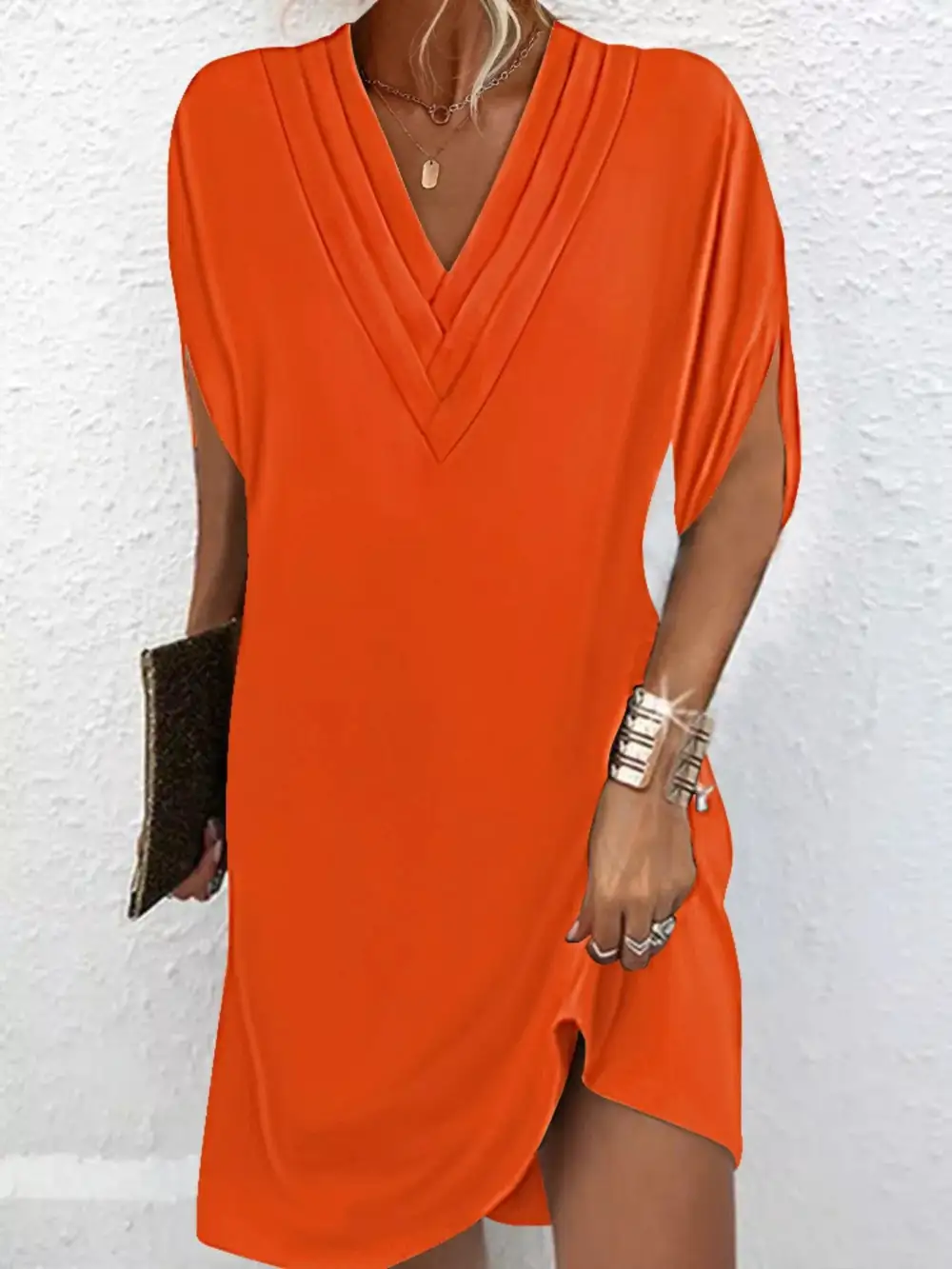 V-Neck Side Slit Mini Dress