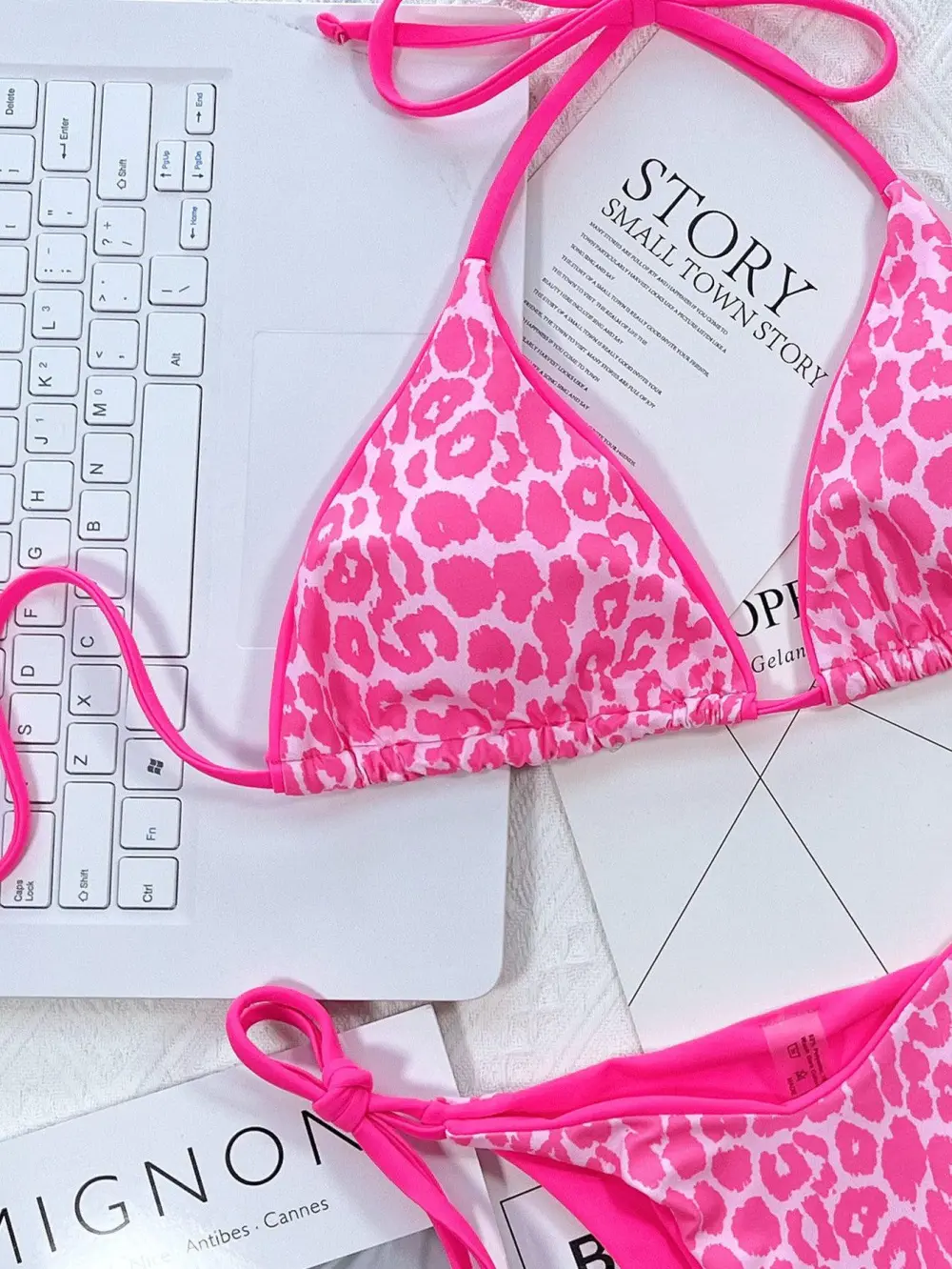 Leopard Print Halter Neck Tie Bikini Swim Set
