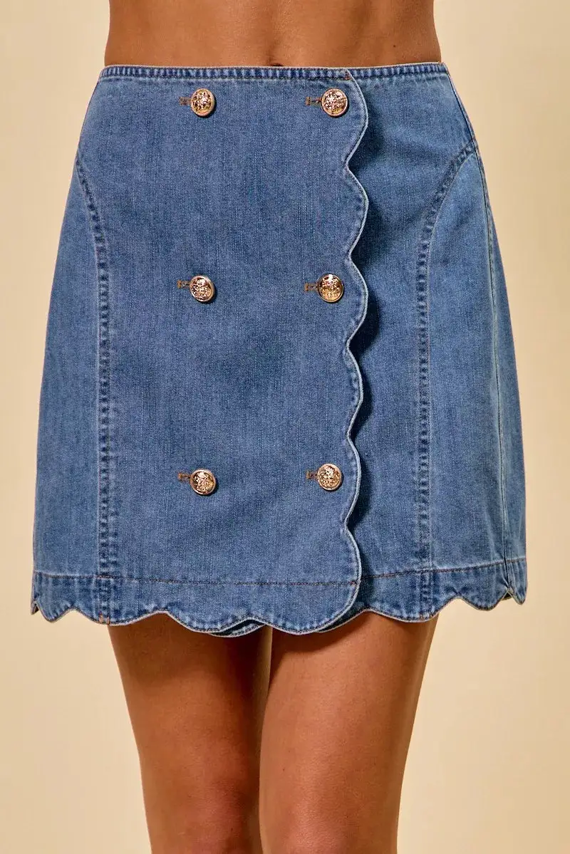 Polished Button Front Denim Silhouette Skirt