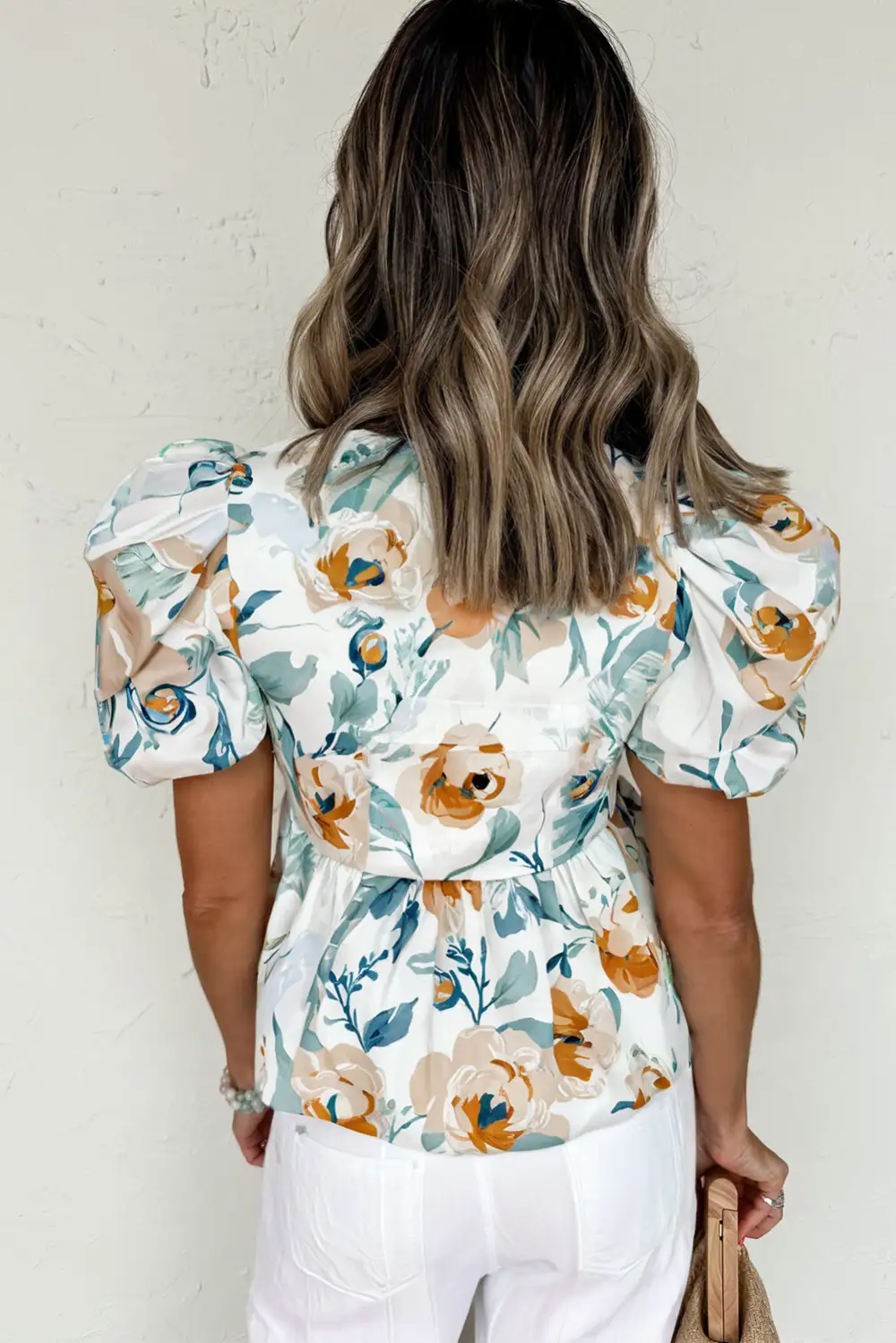 Green Floral Print Puff Sleeve V Neck Babydoll Blouse