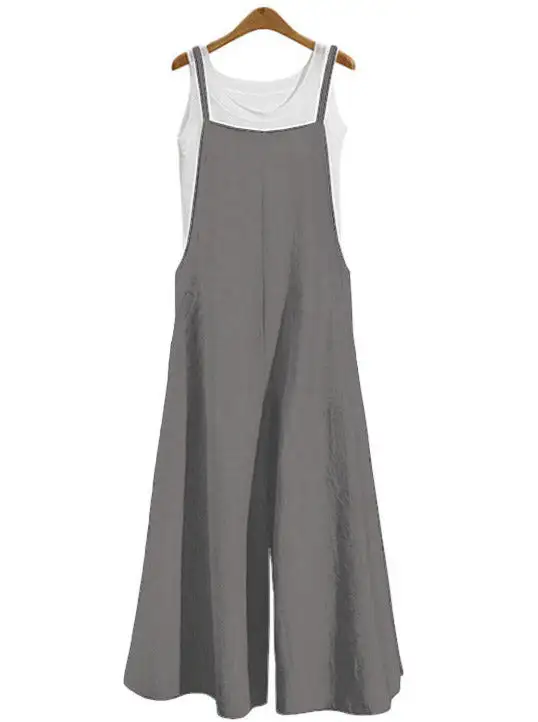 Women Casual Pure Color Loose Linen Tank Jumpsuit