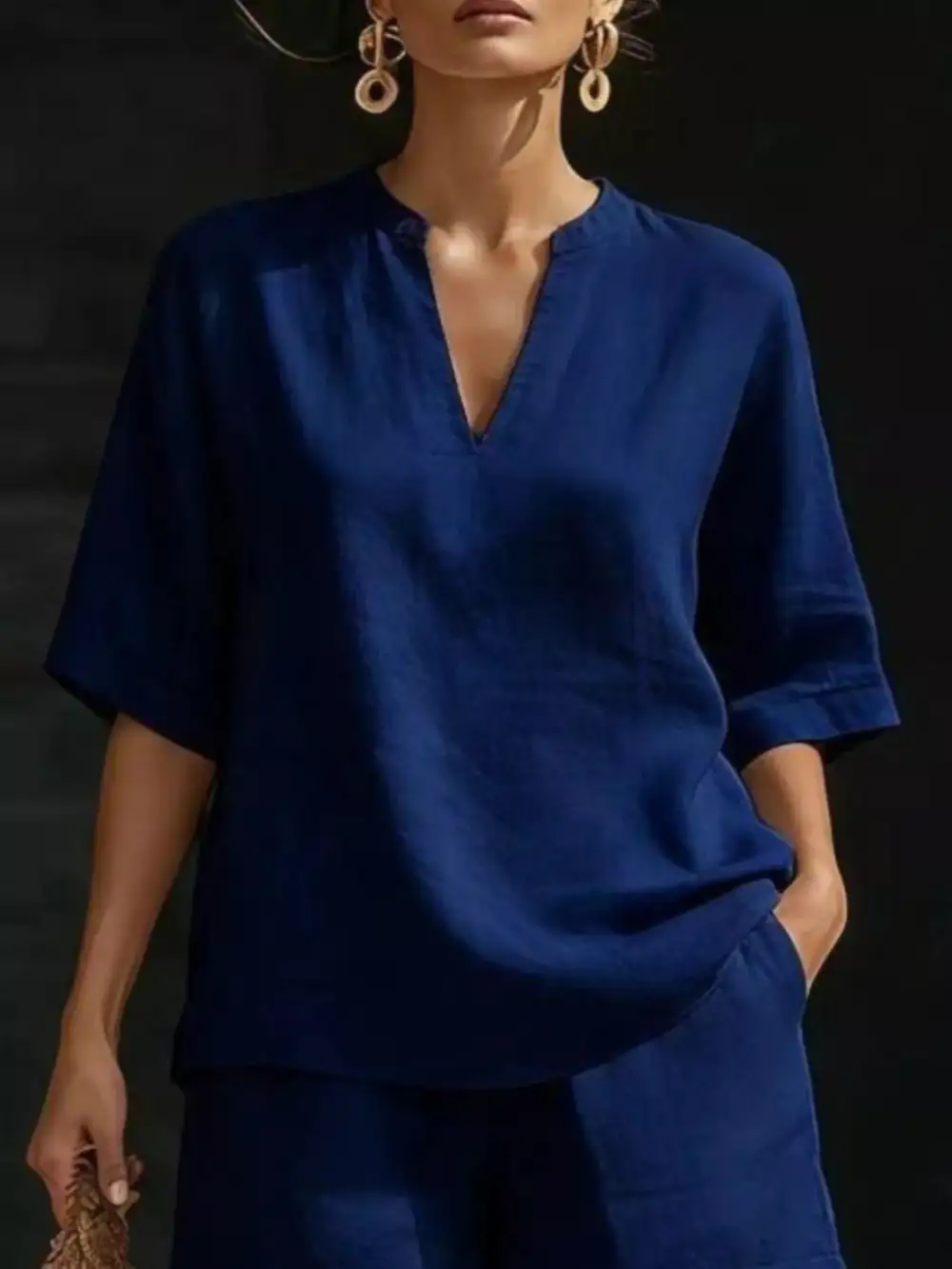 Notched Half Sleeve Top and Shorts Set