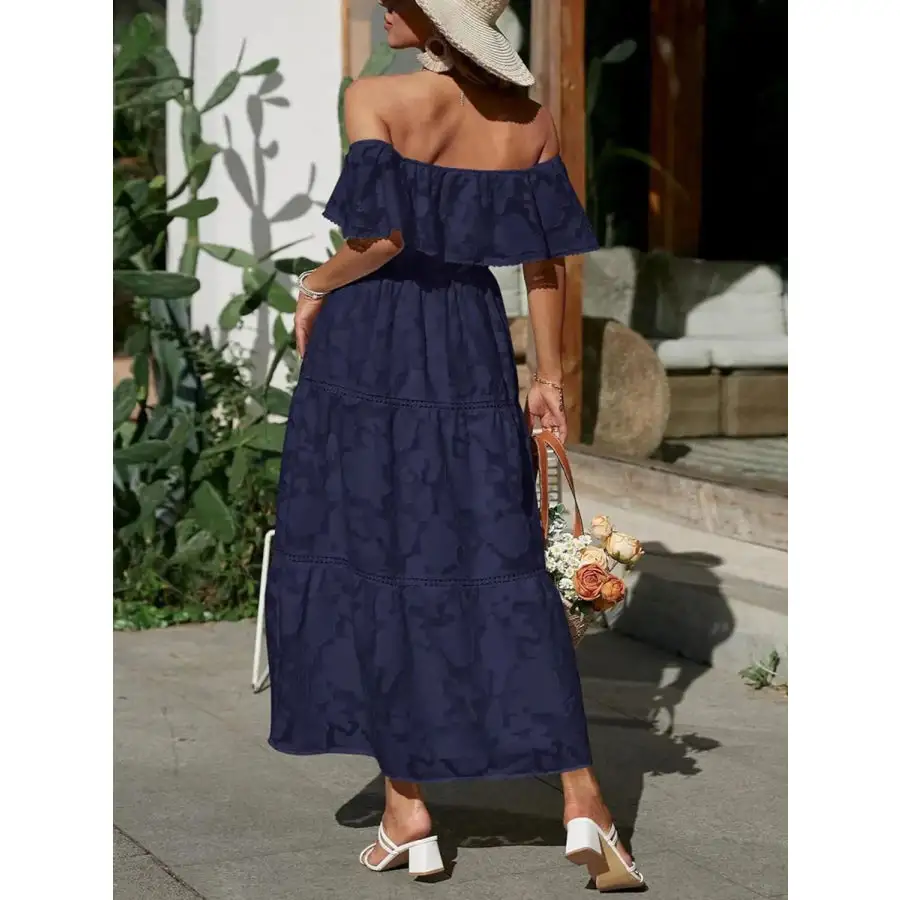 Ruched Off Shoulder Short Sleeve Midi Dress