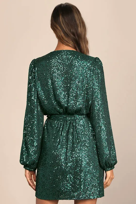 Sparkly Darling Emerald Green Sequin Long Sleeve Wrap Dress