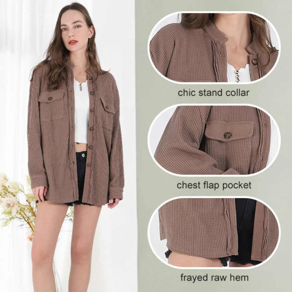 Women's Loose Fit Batwing Sleeve Waffle Knit Button Down Shirt