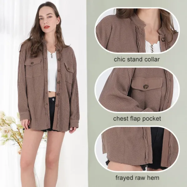 Women's Loose Fit Batwing Sleeve Waffle Knit Button Down Shirt