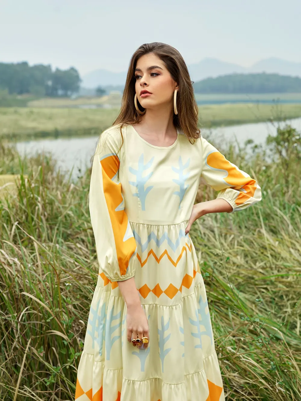 Geo Print Ruffle Hem Bishop Sleeve Dress