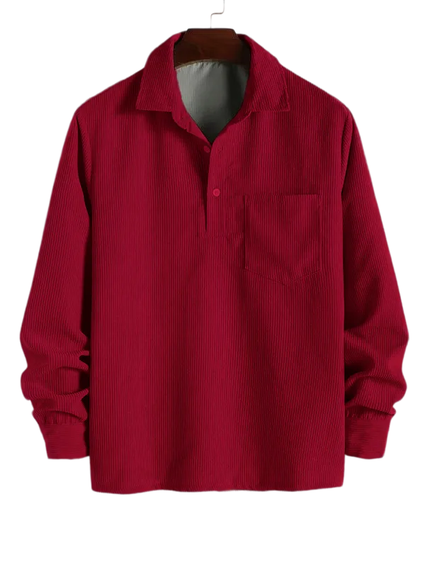 Men's Plain Pocket Half Button Corduroy Shirt, Casual Comfy Regular Fit Long Sleeve Collared Top For Fall & Winter, Men's Clothes For Daily Wear
