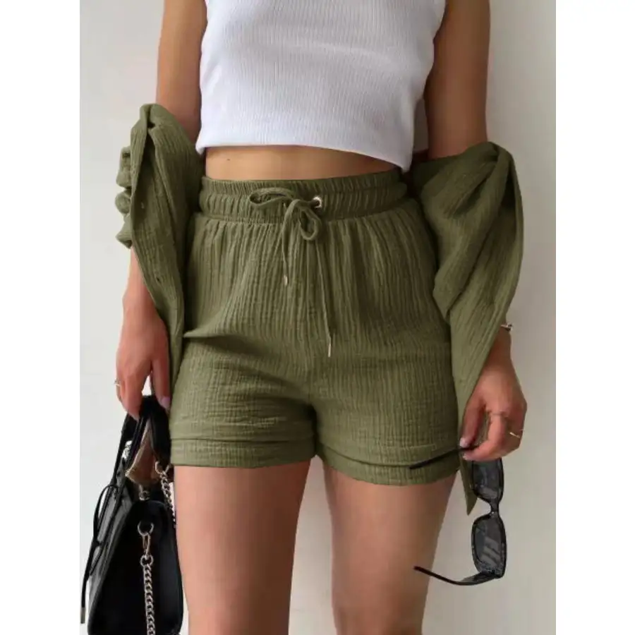 Textured Button Up Shirt and Shorts Set