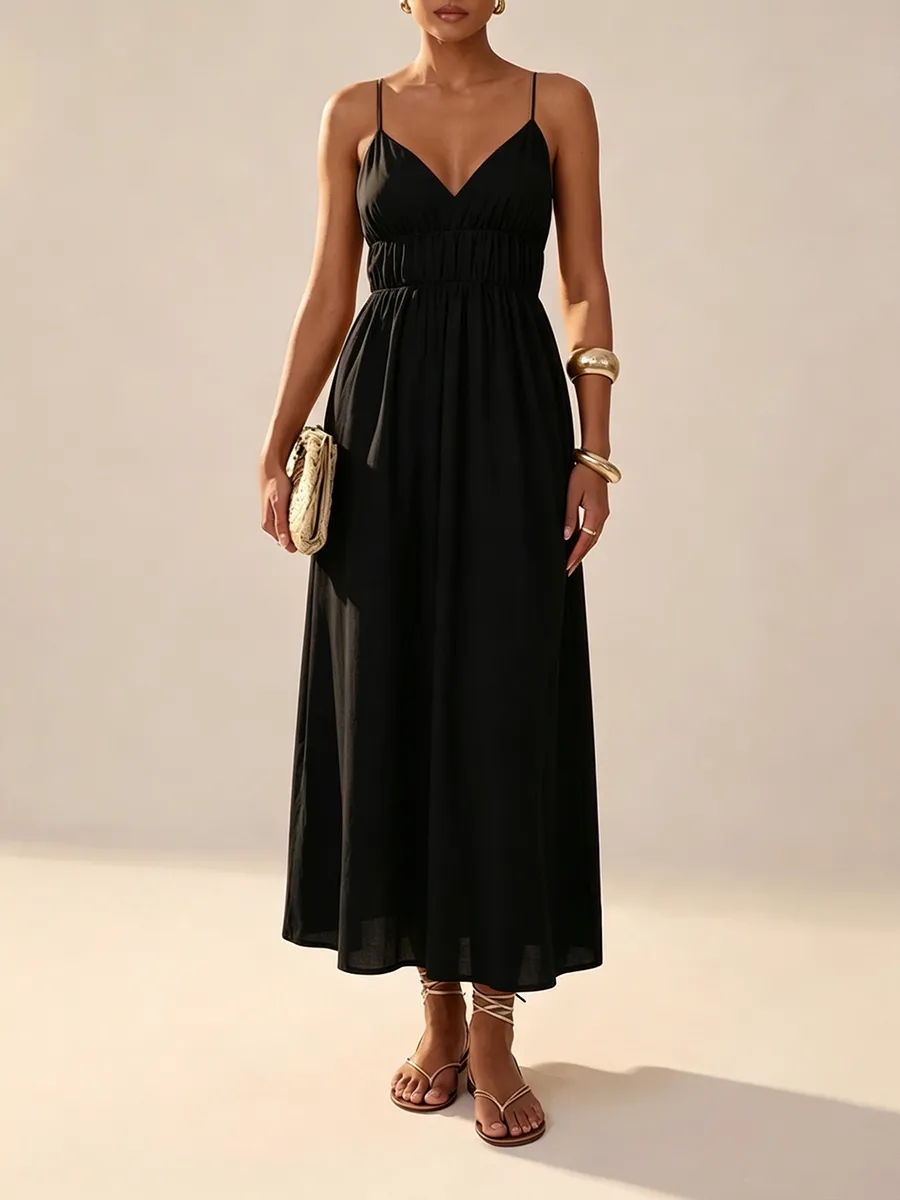 Women's Deep V-Neck Sleeveless Spaghetti Strap Ruched Flowy Maxi Sundress