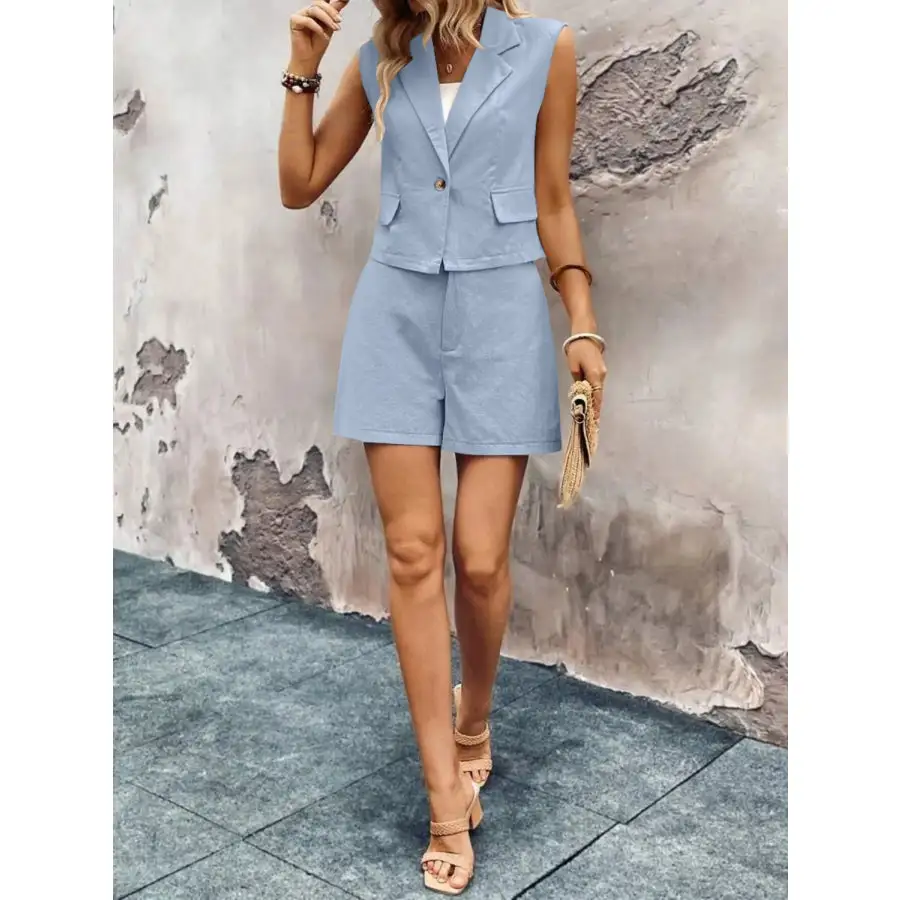 One Button Sleeveless Top and Shorts Set
