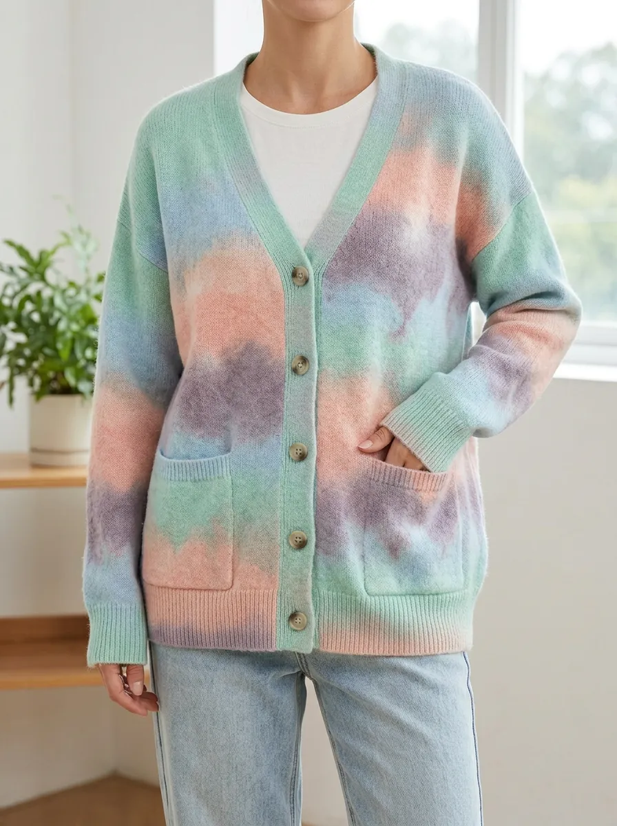 Women's Pastel Tie-Dye Pattern Printed V-Neck Easygoing Daywear Cardigan