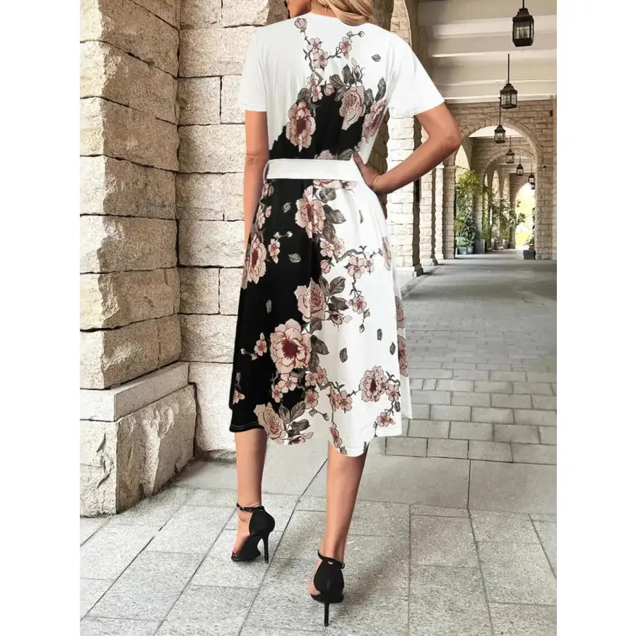 Print Midi Dress with Short Sleeves