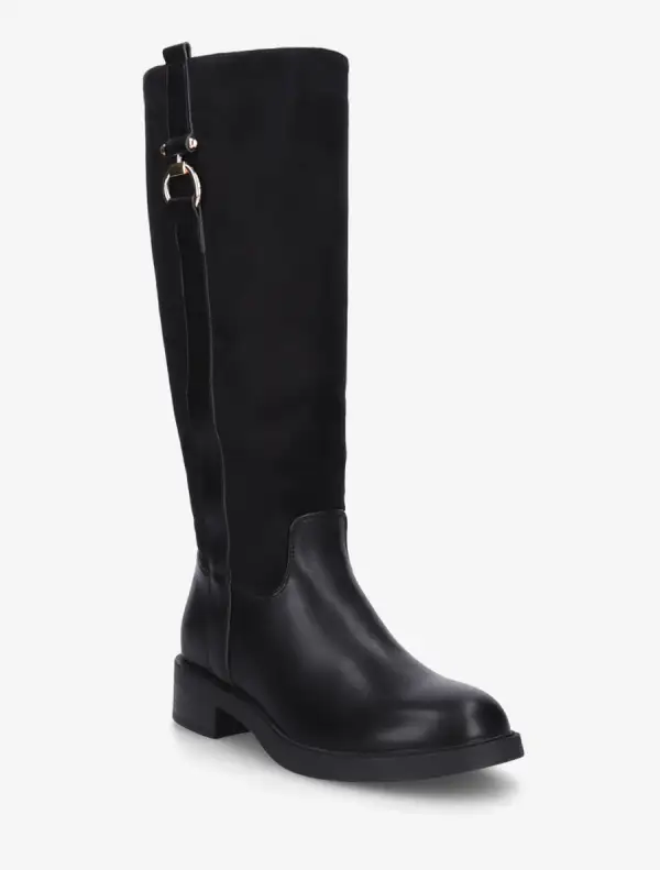 Riding Buckle Detail Block Heel Faux Suede Knee High Boots