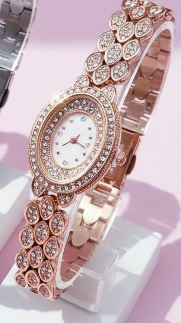 Oval Face Crystal Bezel Floral Fashion Watch