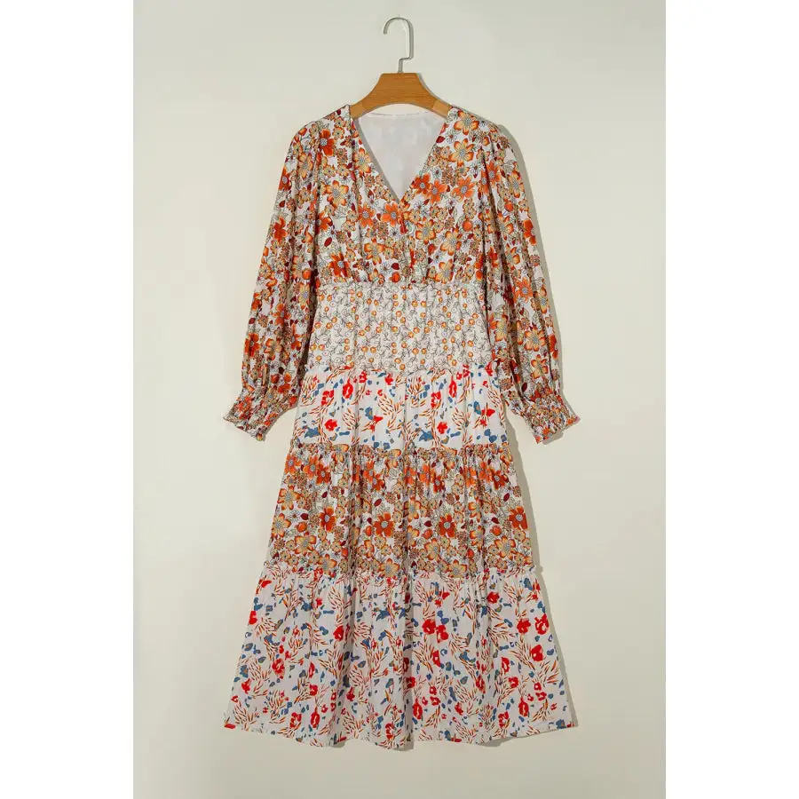 Full Size V-Neck Lantern Sleeve Midi Dress