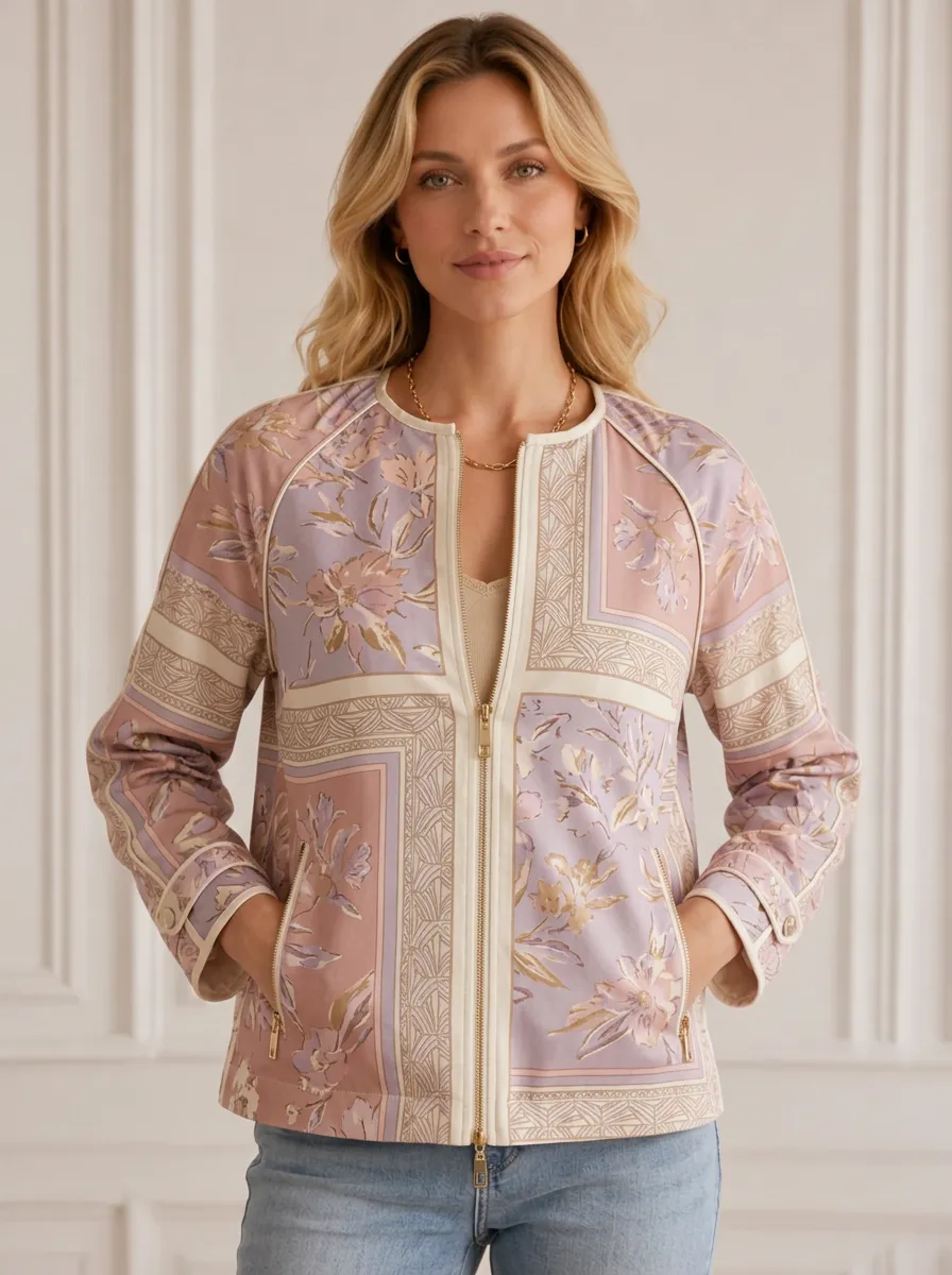 Women's Floral Scarf Print Geometric Collarless Bomber Jacket