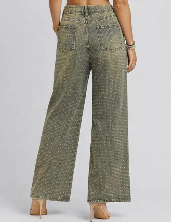 Sparkle Rhinestone Straight Wide Leg Denim Pants