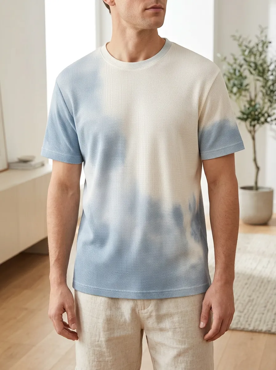 Men's Tie-dye Waffle Knit Clean Crew Neck T-Shirt