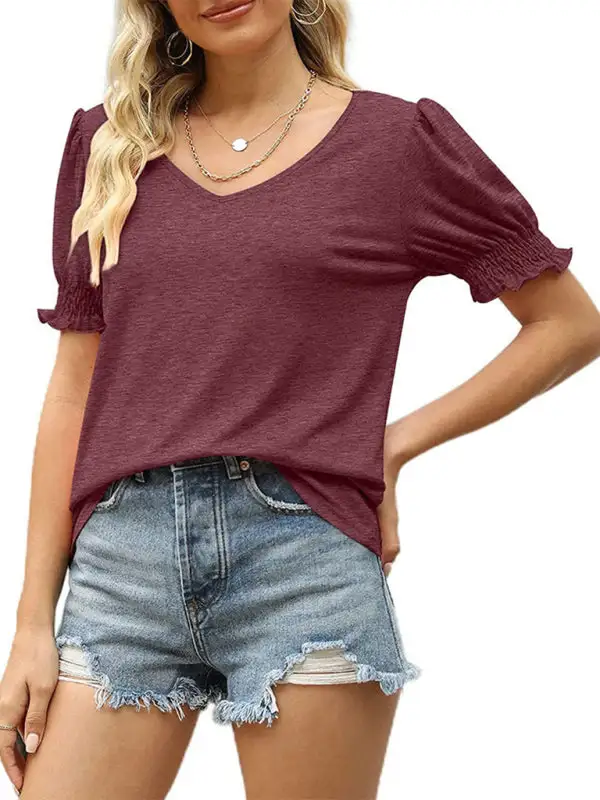 V-Neck Collared Short-Sleeve Puff-Sleeve T-Shirt