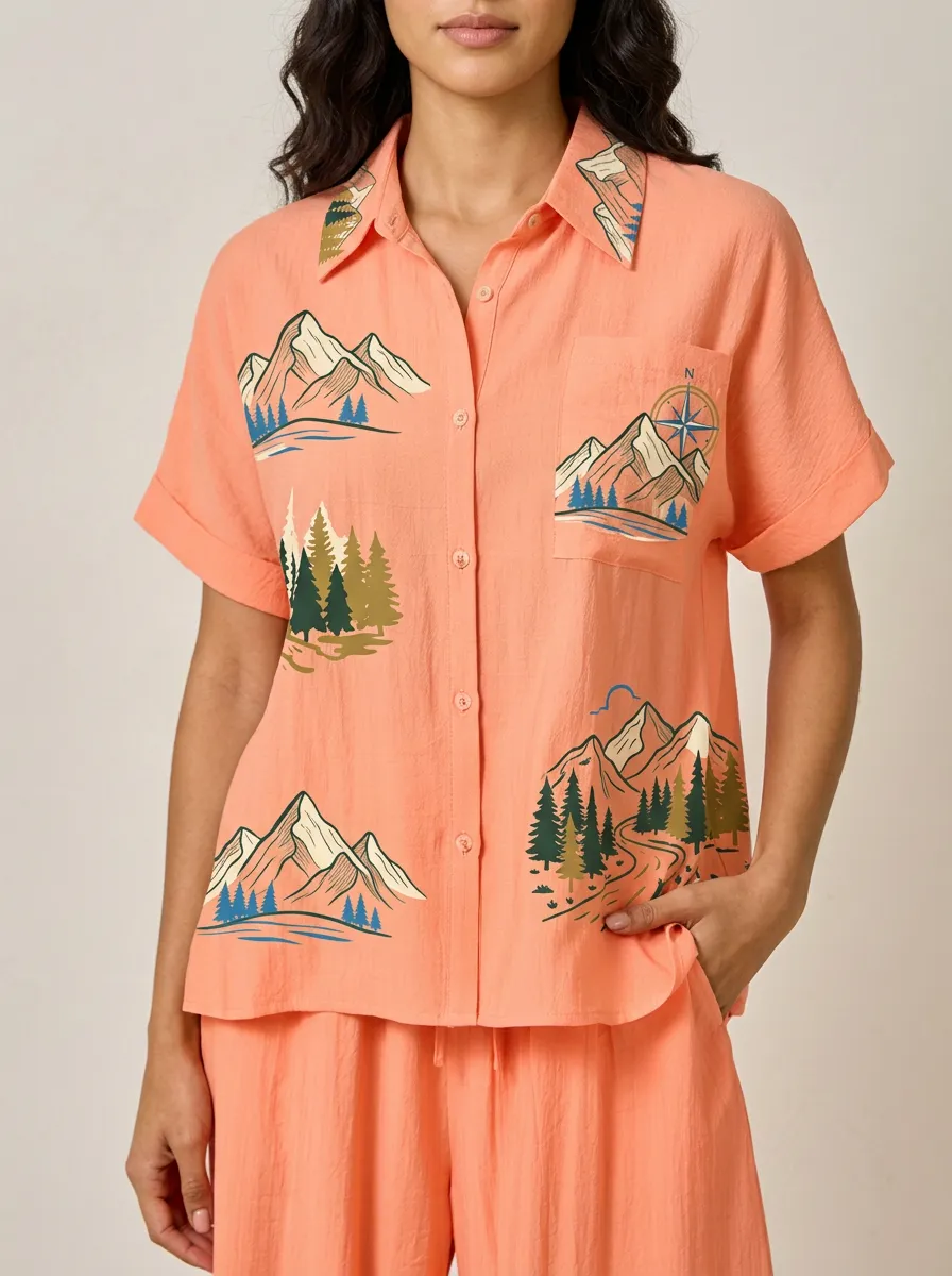 Women's Outdoor Adventure Mountain Forest Compass Printed Shirt