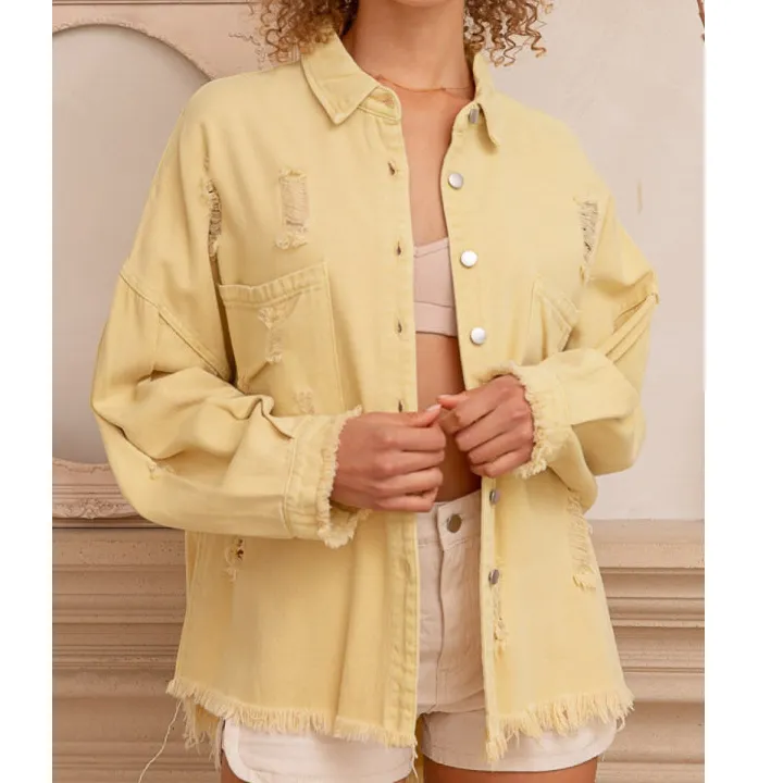 Button Down Raw Hem Distressed Shacket Apparel