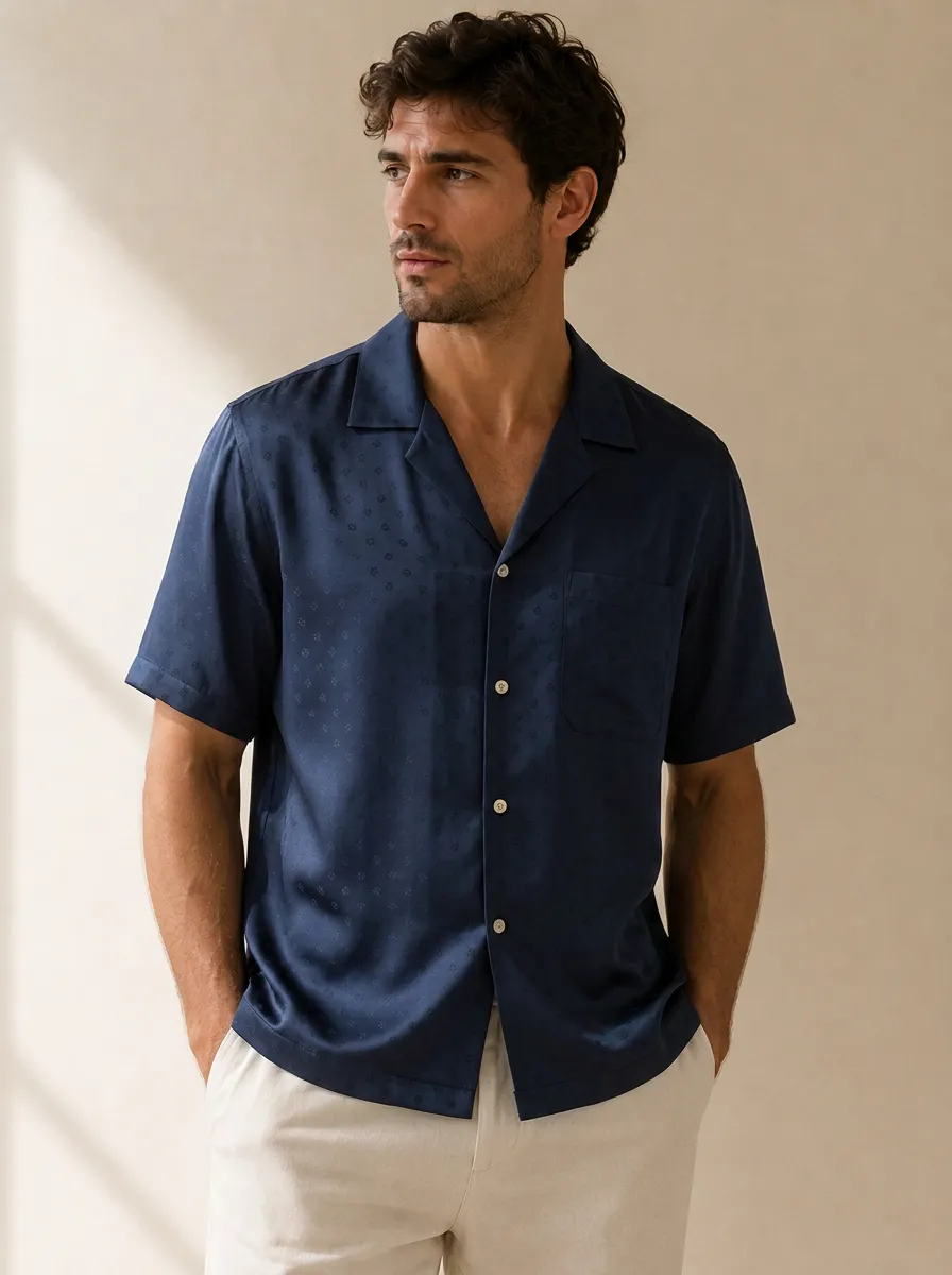 Men's Minimalist Navy Blue Geometric Pattern Printed Camp Collar Shirt