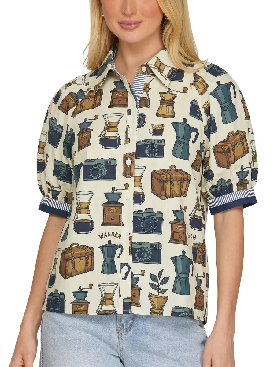 Women's Travel Coffee Camera Lover Printed Button-up Shirt