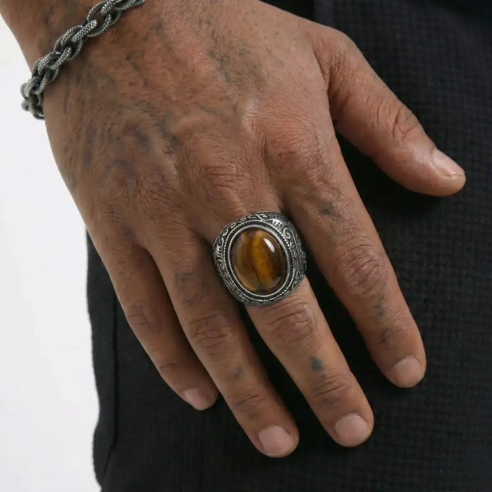 Men's Sculpted Scrollwork Tiger Eye Signet Ring