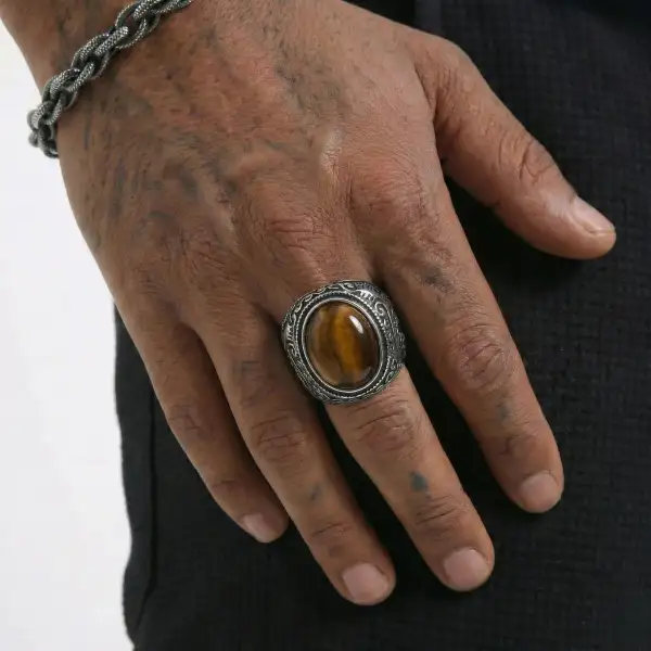 Men's Sculpted Scrollwork Tiger Eye Signet Ring