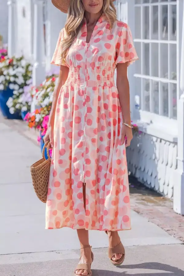 Polka Polka Dot Puff Sleeve Midi Dress