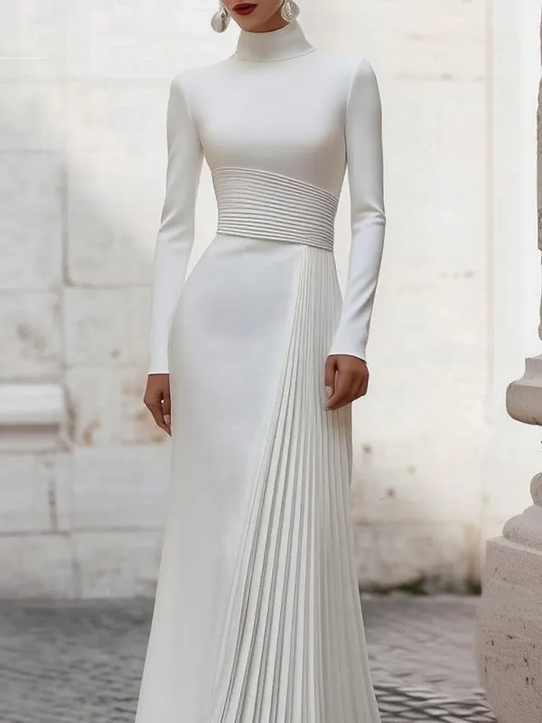 High Pleated Long Neck Maxi Dress