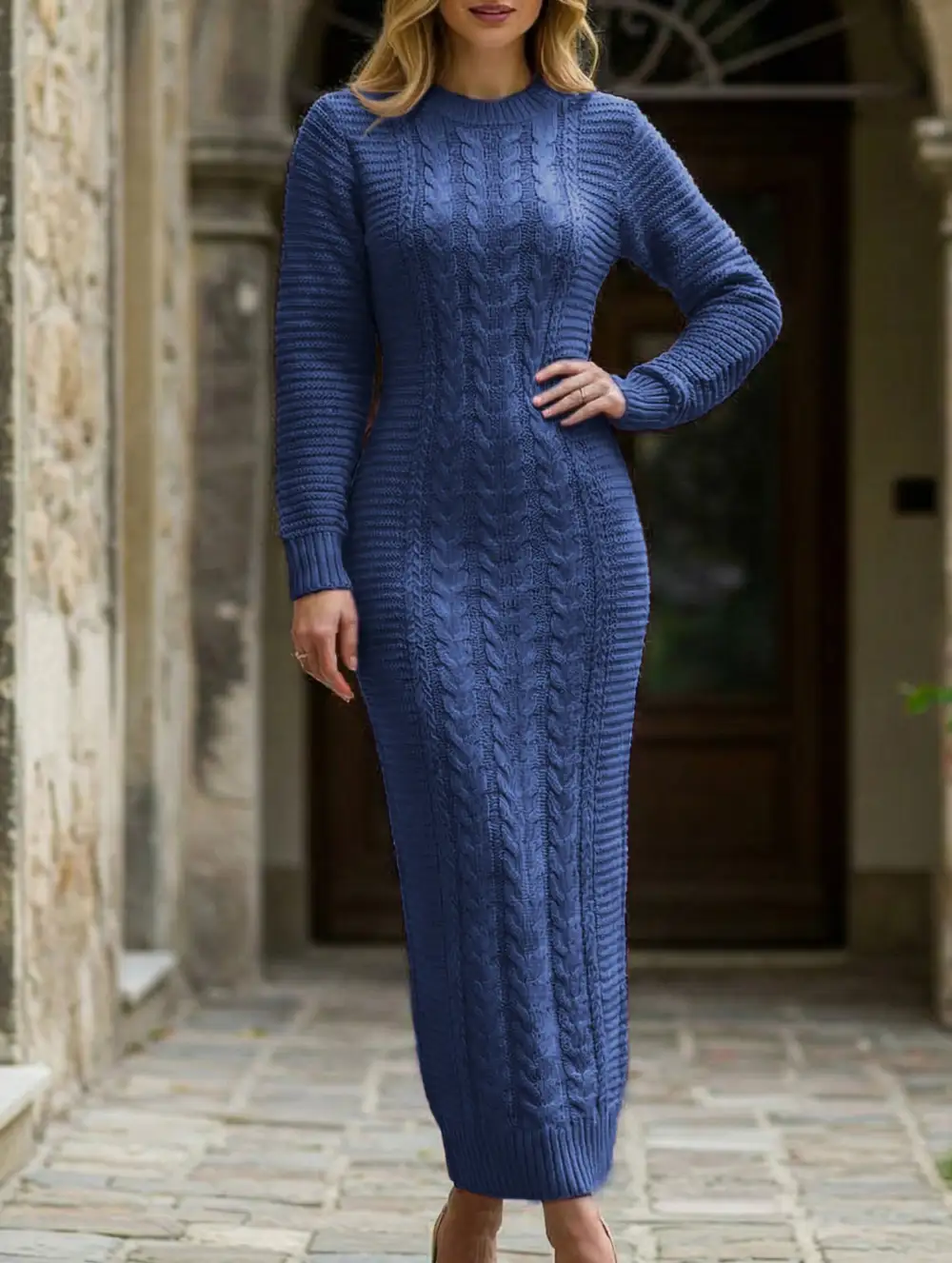Cable Knit Long-Sleeved Wool Dress