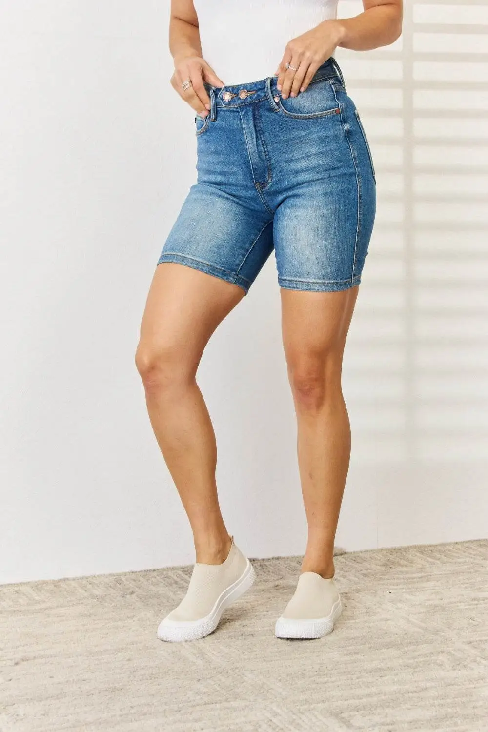 Tummy Control Button Denim Shorts