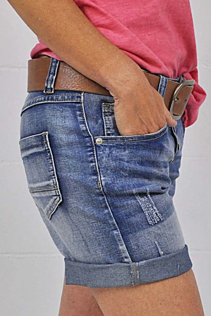 Button Fly Ripped Denim Shorts Without Belt